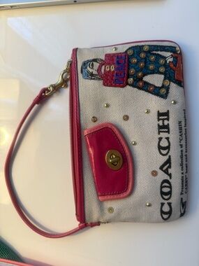 Coach Pink Canvas Wristlet with Hot Pink Trim and Sequins